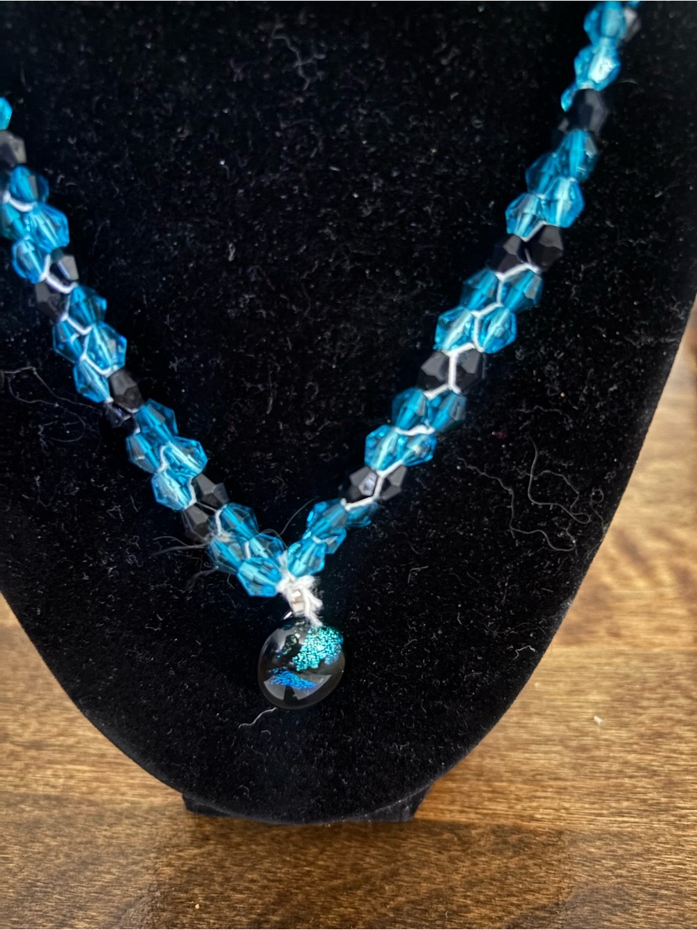 Teal Crystal Bead Necklace with Glass Pendant